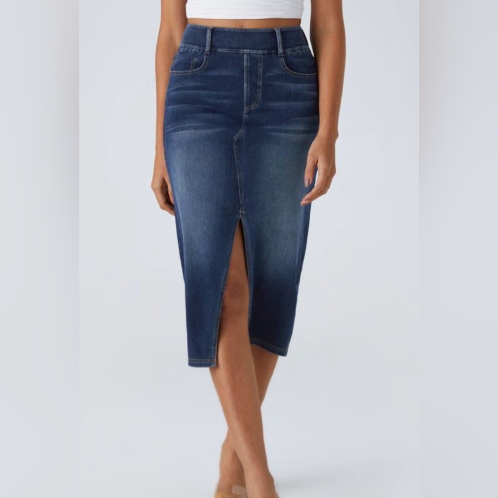 Halara Flex Dark Wash Denim Midi Skirt with Front Slit Sz Large